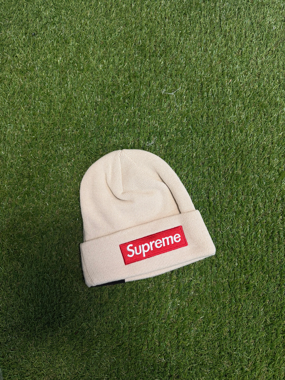 Cream and Red Beanie